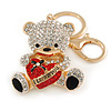 Clear/ Black Crystal Teddy Bear with Red Heart Keyring/ Bag Charm In Gold Tone Metal - 10cm L