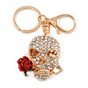 Clear Crystal Skull with Red Rose Keyring/ Bag Charm In Gold Tone - 11cm L