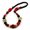Chunky Geometric Wooden Bead Necklace (Black, Cream And Red) - 74cm L