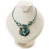 Turquoise Coloured Glass, Shell & Mother of Pearl Floral Choker Necklace (Silver Tone)