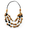 Long Layered Beige Brown Wood Bead Cotton Cord Necklace -90cm Length