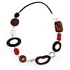 Wood & Silver Tone Metal Link Leather Style Long Necklace (Dark Brown, Coral, Black & White) - 76cm L