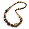 Animal Print Chunky Wood Bead Long Necklace (Cream, Black & Antique Silver) - 68cm L