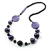 Stylish Animal Print Wooden Bead Necklace (Purple, Black & Metallic Silver)