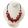 Bright Red Shell Composite Charm Leather Style Necklace (Silver Tone)