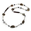 Long Shell, Simulated Pearl & Wood Bead Necklace (Beige, White & Brown) - 110cm Length