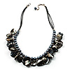 Black Simulated Pearl & Shell Bead Cord Necklace (Silver Tone)