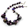 Purple Shell, Wood & Simulated Pearl Bead Cluster Necklace