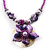 Purple & Magenta Glass, Shell & Mother of Pearl Floral Choker Necklace (Silver Tone)