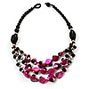 3 Strand Black, White & Magenta Shell & Bead Necklace