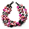 3 Strand Black & Magenta Shell - Composite Bead Necklace