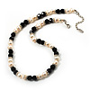 Light Cream Freshwater Pearl Necklace With Crystal Rings & Black Glass Beads (7mm)