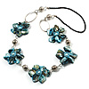 Light Blue Shell Floral Leather Cord Long Necklace -78cm Length