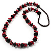 Long Wood Button & Bead Necklace (Brown & Red) - 110cm Length