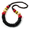 Long Multicoloured Chunky Wood Bead Necklace (Black, Brown, Olive & Red) - 76cm length