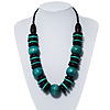 Chunky Beaded Cotton Cord Necklace (Black & Teal) - 64cm L