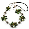 Green Shell Floral Leather Cord Long Necklace -78cm Length