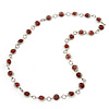Terracotta Pink Glass Bead Necklace In Silver Plated Metal - 72cm Length