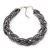 Luxurious Braided Light Grey Bead Choker Necklace In Silver Plating - 36cm Length/7cm Extension