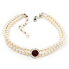 2 Strand Light Cream Imitation Pearl CZ Wedding Choker Necklace (With Ruby Red Coloured Central Stone)