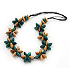 Beige/Teal Green Wooden Floral Cotton Cord Necklace - 70cm Length