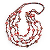 Long Multistrand Red Shell & Simulated Pearl Necklace - 96cm Length