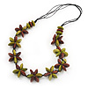 Brown/Olive Wooden Floral Cotton Cord Necklace - 70cm Length