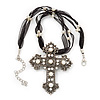 Large Victorian Filigree Imitation Pearl Crystal Cross Pendant On Black Organza Cord Necklace - 36cm Length & 7cm Extension