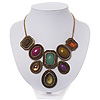 Vintage Mutlicoloured Jewelled 'Bib Style' Necklace In Bronze Tone Metal - 36cm Length (5cm extension)
