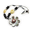 Large Mother of Pearl Flower Pendant & Wooden, Simulated Pearl Beaded Necklace - 52cm Length