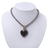 Silver Plated Black Resin 'Heart' Pendant Mesh Magnetic Choker Necklace - 34cm Length