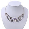 Rhodium Plated 4 Strand Beaded Magnetic Choker Necklace - 34cm Length
