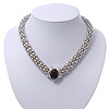 Rhodium Plated Mesh Magnetic Choker Necklace With Black Stone - 38cm Length