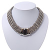 Wide Chunky Mesh Magnetic Choker Necklace With Black Stone In Silver Plating - 40cm Length