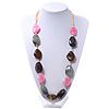 Long Chunky Pink/Grey/Purple/Brown Resin Nugget Necklace With Yellow Ribbon - Adjustable