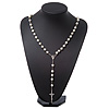 Long White Simulated Glass Pearl Cross Rosary Necklace - 80cm Length