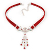 Victorian Red Suede Style Diamante Choker Necklace In Silver Tone Metal - 34cm Length with 7cm extension