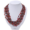Red/ Light Blue/ Amber Coloured Multistrand Glass Bead Necklace - 48cm Length