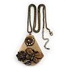 Long Vintage 'Butterfly&Flower' Pendant Necklace In Bronze Finish - 70cm Length/ 6cm Extension
