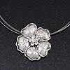 Diamante Textured 'Daisy' Pendant Wire Choker Necklace In Silver Plating - 36cm Length/ 7cm Extension