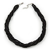 Black Glass Bead Multistrand Twisted Choker Necklace In Silver Plated Finish - 36cm Length/ 5cm Extension