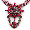 Magenta/Pink Statement Diamante Charm Pendant Cord Necklace In Bronze Metal - 38cm Length/ 7cm Extension