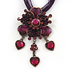 Violet/Purple Diamante Vintage Flower Pendant On Cotton Cords Necklace In Bronze Metal - 38cm Length/ 7cm Extension