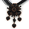 Black/ Grey Diamante Vintage Flower Pendant On Cotton Cords Necklace In Bronze Metal - 38cm Length/ 7cm Extension