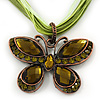 Olive/Mint Green Diamante 'Butterfly' Cotton Cord Pendant Necklace In Bronze Metal - 38cm Length/ 8cm Extension