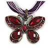 Violet/Deep Purple Diamante 'Butterfly' Cotton Cord Pendant Necklace In Bronze Metal - 38cm Length/ 8cm Extension