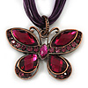 Violet/Deep Purple Diamante 'Butterfly' Cotton Cord Pendant Necklace In Bronze Metal - 38cm Length/ 8cm Extension