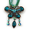 Teal Green Diamante 'Butterfly With Tail' Cotton Cord Pendant Necklace In Bronze Metal - 38cm Length/ 8cm Extension