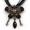 Black/Grey Diamante 'Butterfly With Tail' Cotton Cord Pendant Necklace In Bronze Metal - 38cm Length/ 8cm Extension