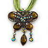 Olive Green/Light Green Diamante 'Butterfly With Tail' Cotton Cord Pendant Necklace In Bronze Metal - 38cm Length/ 8cm Extension